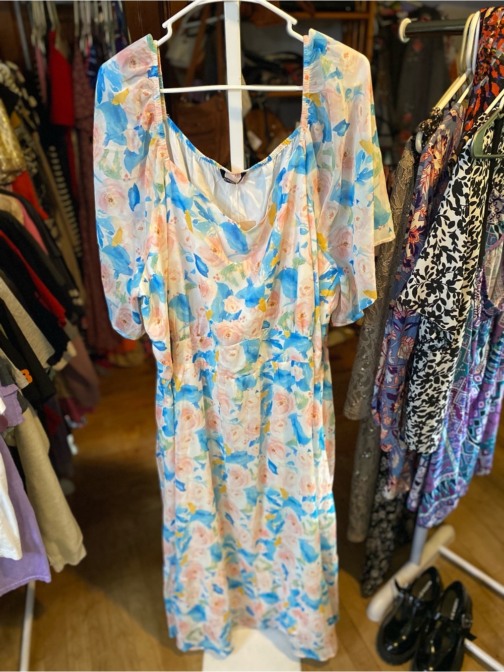 BloomChic Blue & Peach Floral Maxi Dress with Cream Base